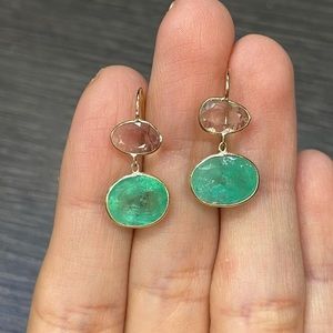 Emerald and White Sapphire Earrings in solid 14k Yellow Gold